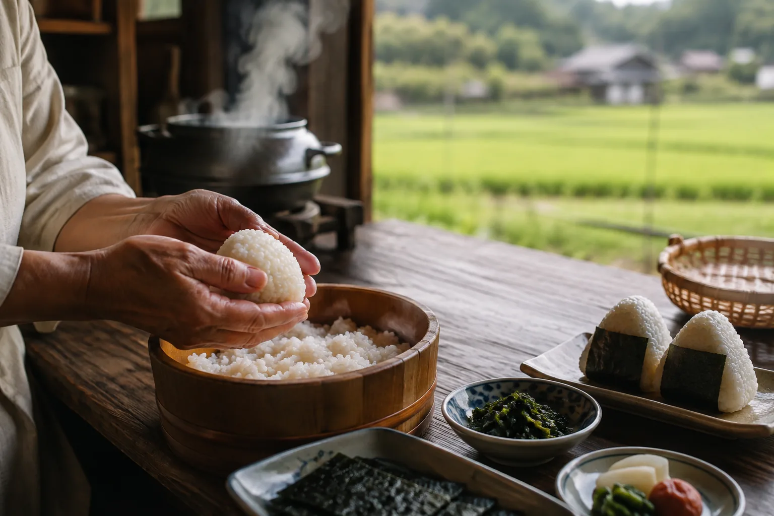Hands shaping warm onigiri beside a traditional kamado in rural Japan
