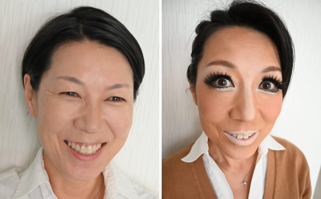 The same guest before and after a gyaru makeover in Shibuya