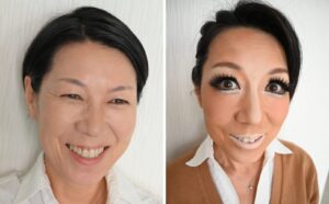 The same guest before and after a gyaru makeover in Shibuya
